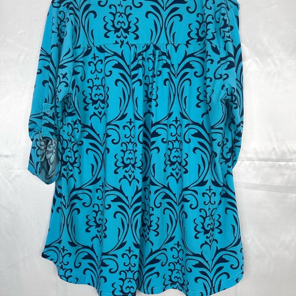 Blue Patterned Women's Top Lagenlook pull tab sleeve Size 2xl - Picture 6 of 11